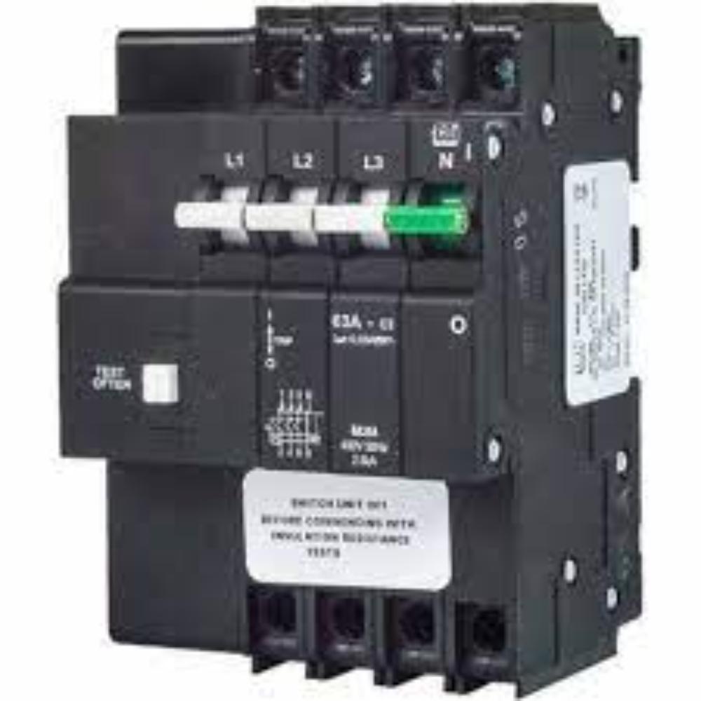 CBI 60A 3P+N EARTH LEAKAGE WITH OVERLOAD 6KA - MINI RAIL BLACK 4.5 MOD 117MM WHITE/GREEN HANDLE