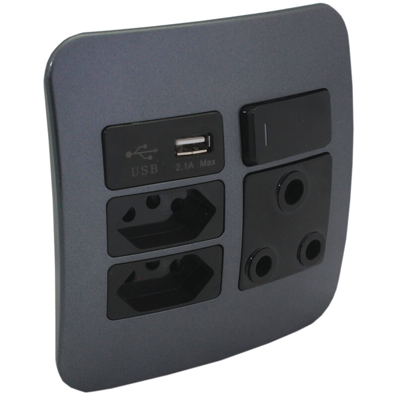 VETI 1 - COMBO SSO 1 X 16A RSA + 2 X 16A VSLIM + 1 X USB 2100mA 4X4 BLACK/GUNMETAL COVER