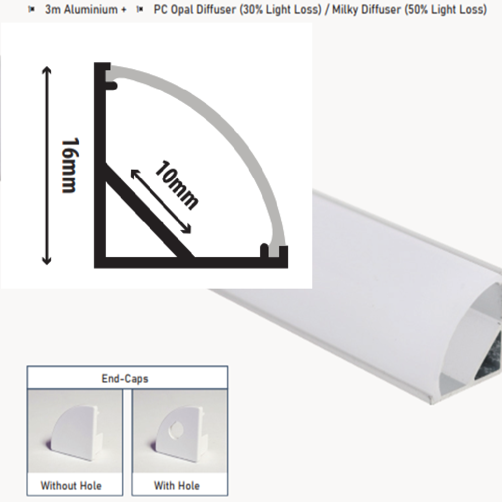 3M ALU CORNER EXTRUSION 90 DEG ROUND DIFFUSER 10MMX16MM (IDXH)