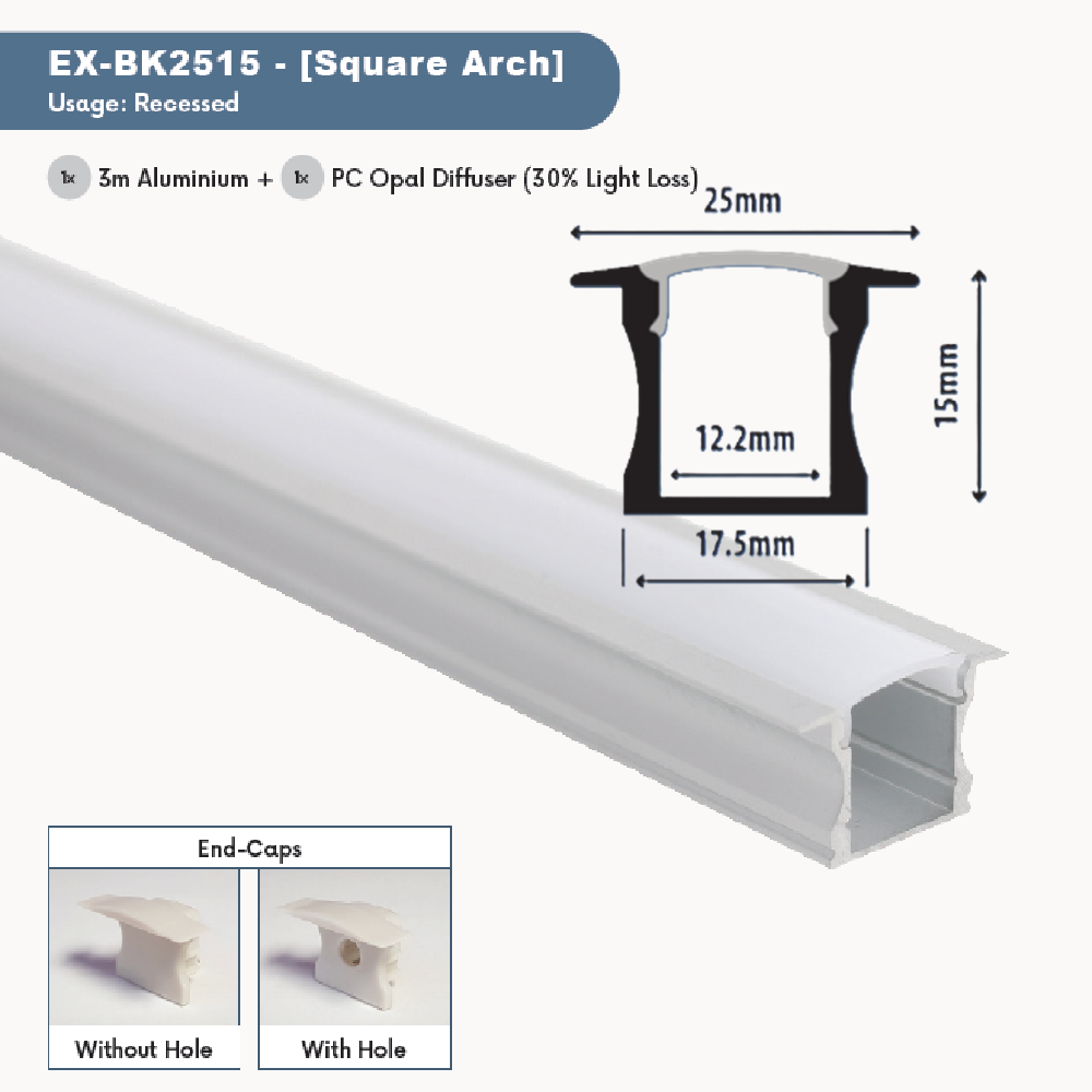 3M ALUMINIUM RECESSED EXTRUSION SQUARE ARCH DIFFUSER 17.3MM X 12.2MM X 15MM (WXWXD)