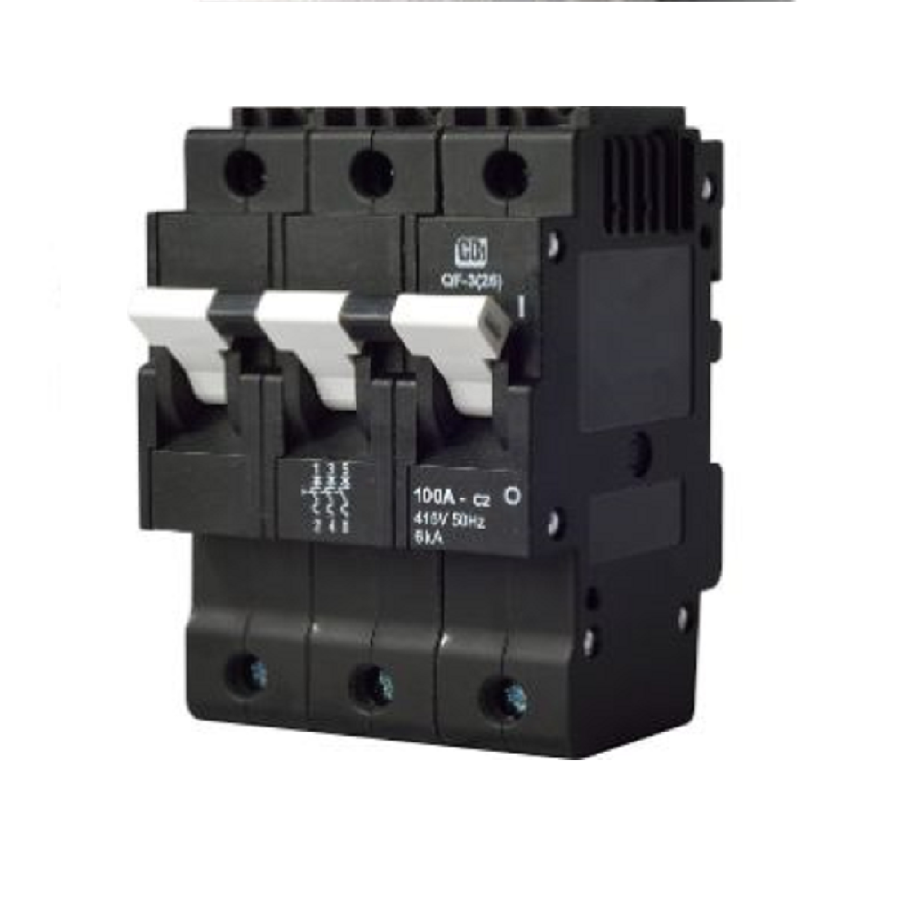 sCBI 100A 3P MCB 6KA - MINI RAIL BLACK 3 MOD 78MM CURVE 2 WHITE HANDLE