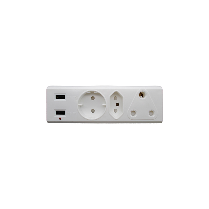 AUS 3 WAY MULTI WALL PLUG ADAPTOR (1 X16A RSA 3 PIN + 1 X6A V-SLIM+SCHUKO + 2 X USB PORTS)