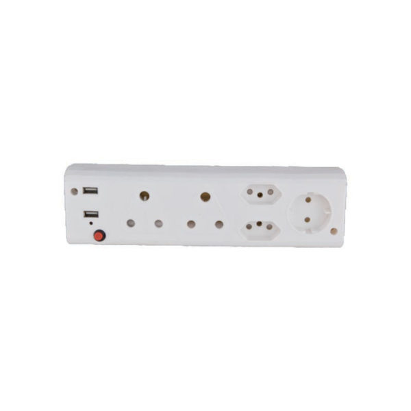 AUS 5 WAY MULTIPLUG WALL ADAPTOR 2 X16A RSA 3 PIN + 2 X 6A V-SLIM + SCHUKO + 2X USB PORT