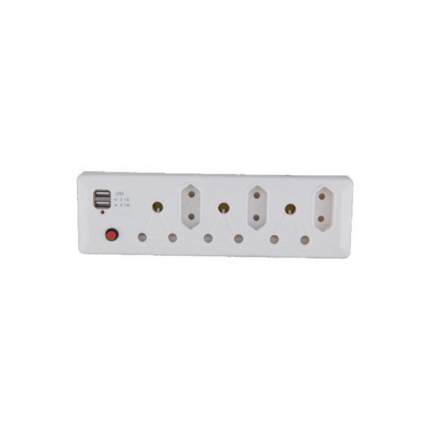 AUS 6 WAY MULTI WALL PLUG ADAPTOR 3X16A 3 PIN + 2X2.1A USB