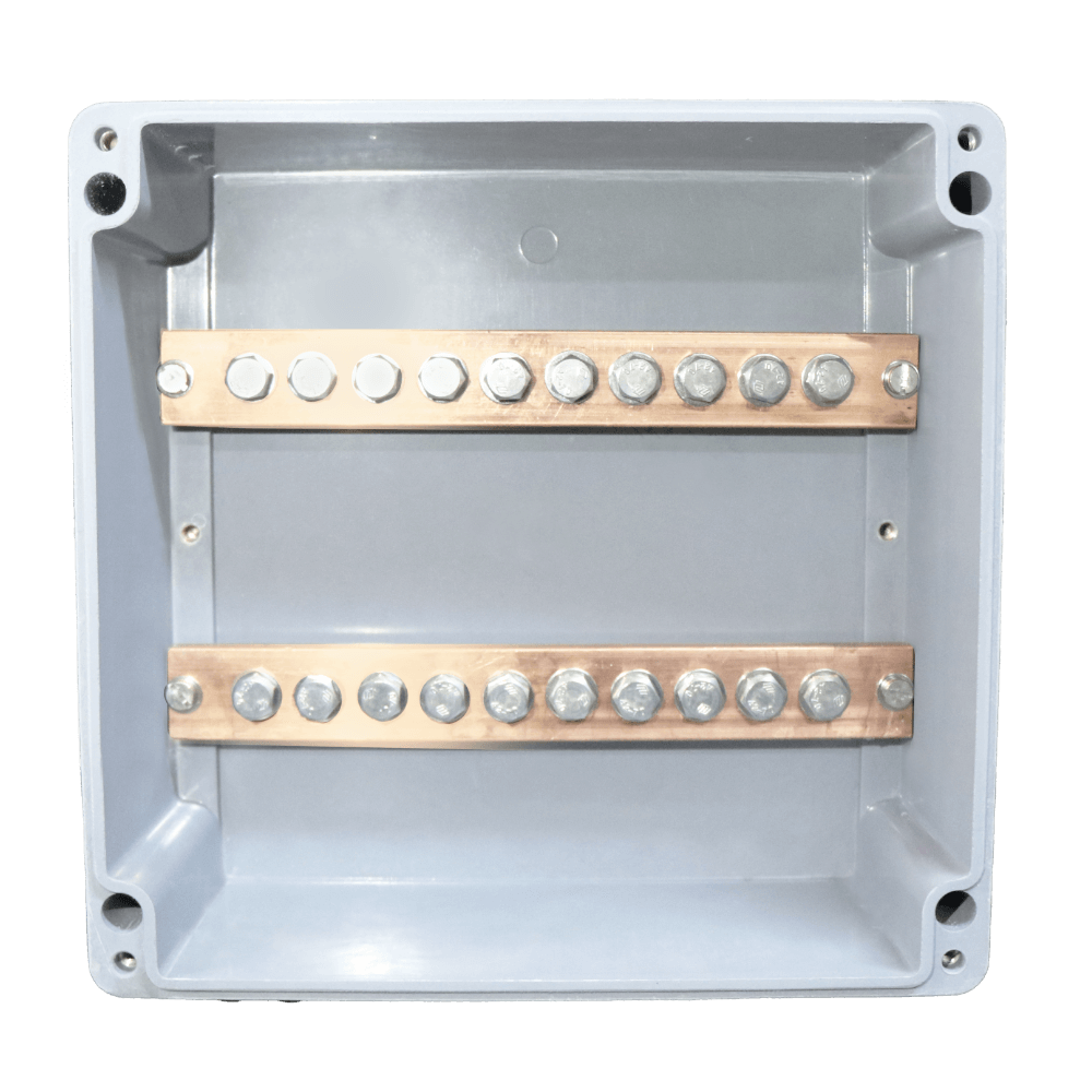 ALLBRO ENCLOSED 2P BUSBAR SET 240MMx30MMx10MM 600A DC 2XM8 10 HOLE C/W BOLTS [GRP IP68 ENCLOSURE]