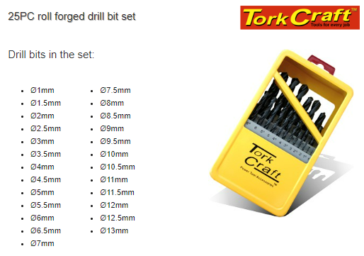 T/CRAFT DRILL BIT SET 25PCS HSS/WOOD ROLL FORGED METAL CASE EXT DESC