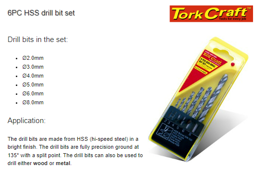 T/CRAFT DRILL BIT SET/PACK 2MM-8MM (HSS STEEL)(6 PCS)