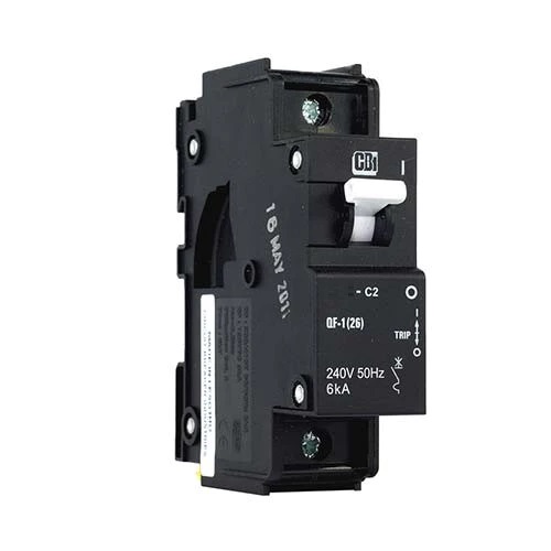 CBI 100A 1P MCB 6KA - MINI RAIL BLACK 1 MOD 26MM CURVE 2 WHITE HANDLE