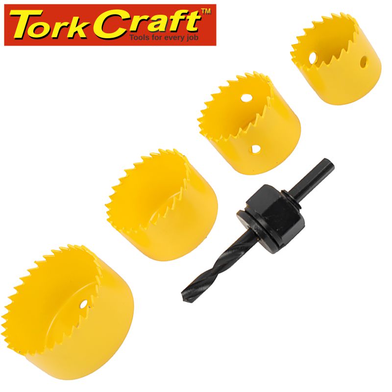T/CRAFT HOLESAW SET 5PCE CARBON STEEL WOOD (32,38,44,54MM) + MANDREL